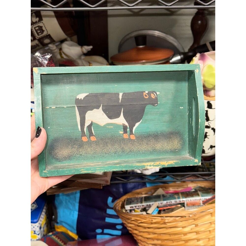 Green Distressed Wood Tray with a Cow